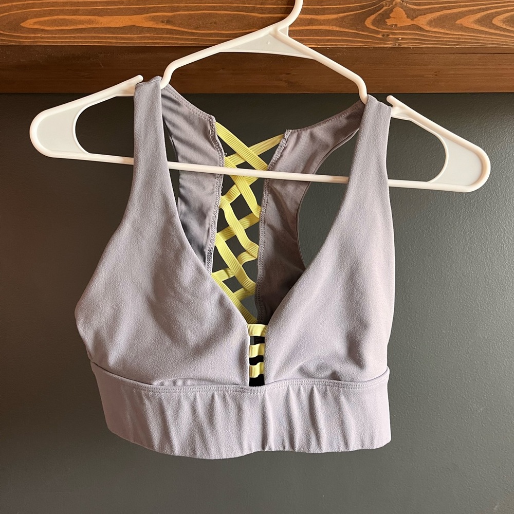 Fabletics Gray and Yellow Sports Bra with Criss-Cross Back